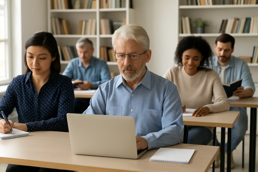 Adults studying in government-funded training classroom 